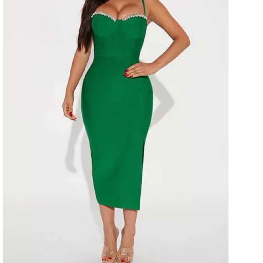 Green embellished bandage dress
